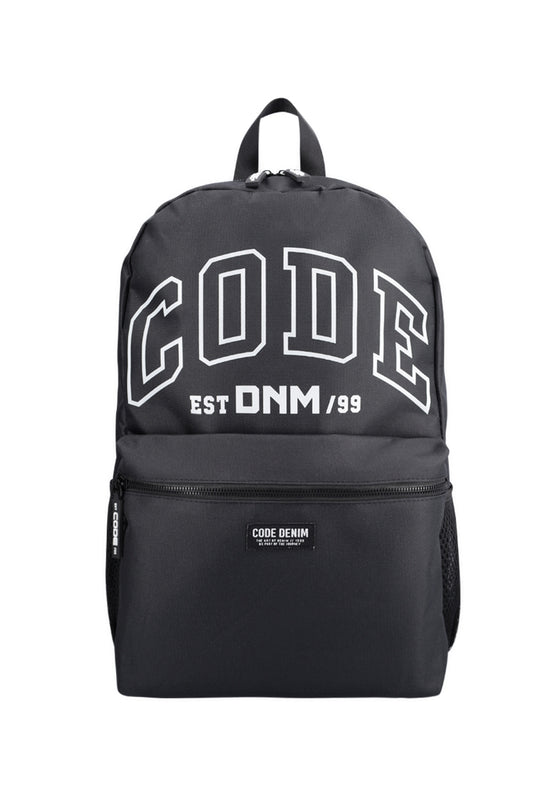 Front view: A sleek black backpack with a bold branded logo.