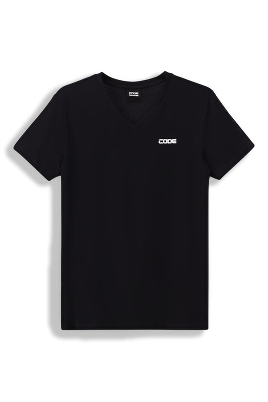 Front view: A classic black V-neck t-shirt with a smooth, refined feel.