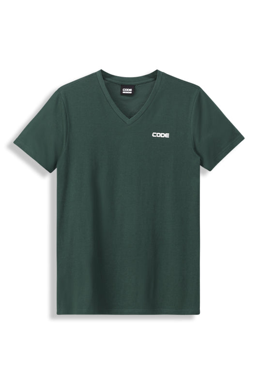 Front view: A deep forest green V-neck t-shirt with a soft, lightweight fabric for everyday comfort.