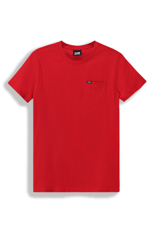 Front view: A bold fire red crew neck t-shirt with a vibrant, eye-catching hue.