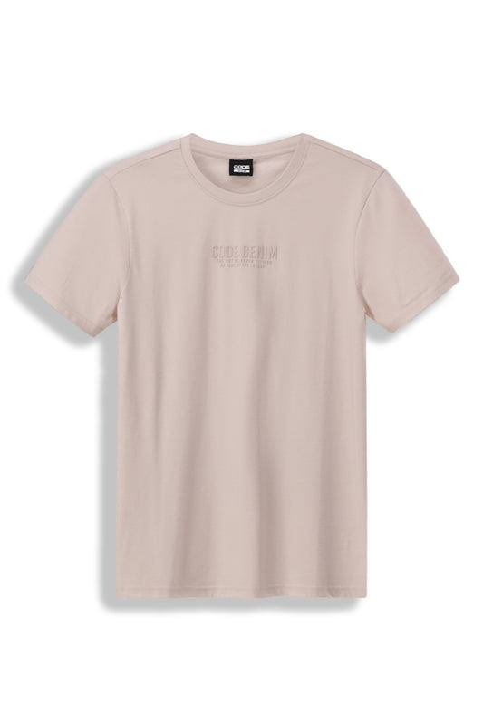 Front view: A soft pumice stone crew neck t-shirt with a minimal and modern aesthetic.