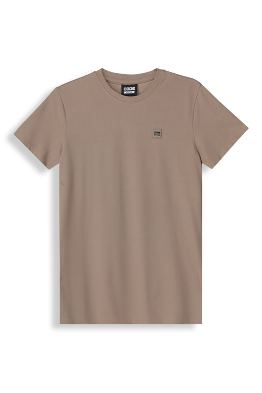 Crew neck t-shirt in desert taupe, made from 100% cotton with ribbed neckline and slim fit for everyday comfort.