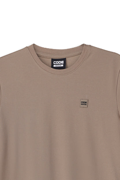 Desert Taupe crew neck T-shirt made from 100% cotton with ribbed neckline and subtle chest branding.