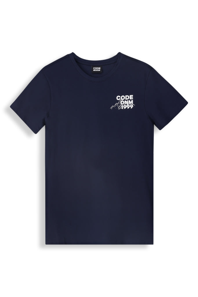 Men's navy graphic t-shirt with 'CODE' print, soft cotton fabric, crew neck, and modern slim fit design.