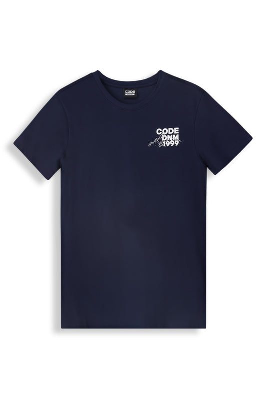 Men's navy graphic t-shirt with 'CODE' print, soft cotton fabric, crew neck, and modern slim fit design.