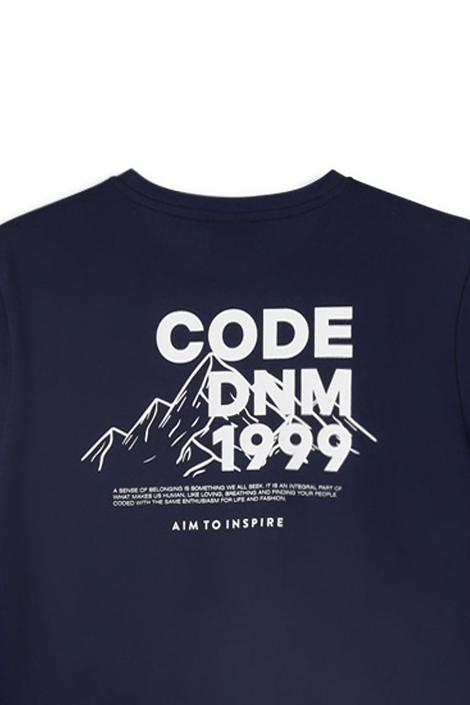 Navy graphic t-shirt featuring bold mountain design and text 'CODE DNM 1999' on back, perfect for casual streetwear.