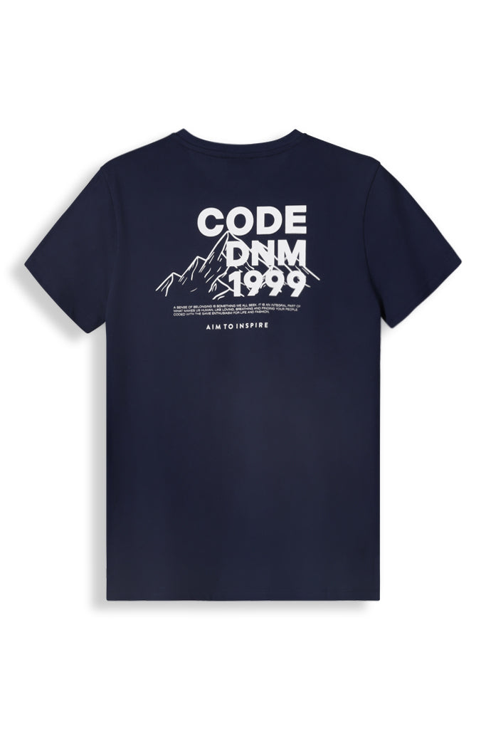 Navy graphic T-shirt featuring mountain design and text on the back, perfect for casual streetwear style.