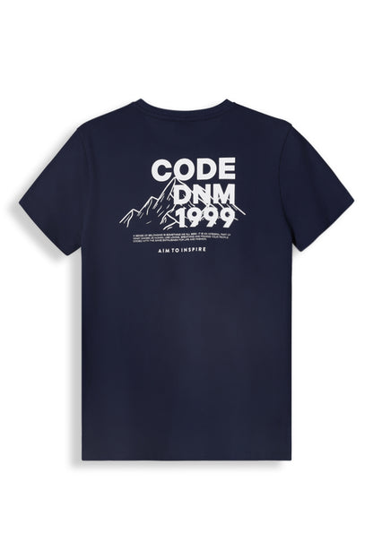 Navy graphic T-shirt featuring mountain design and text on the back, perfect for casual streetwear style.