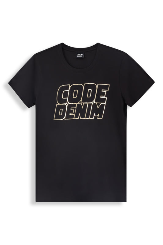 Black graphic T-shirt with 'CODE DENIM' bold print, made from 100% cotton, perfect for modern streetwear style.