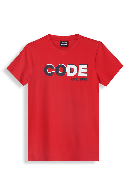 Fire red graphic t-shirt with CODE branding and EST. 1999, perfect for a contemporary street-style look.