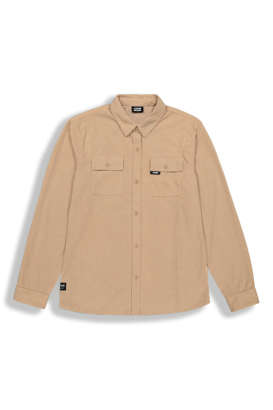 Front view: A stylish desert taupe corduroy shirt with a button-down closure.