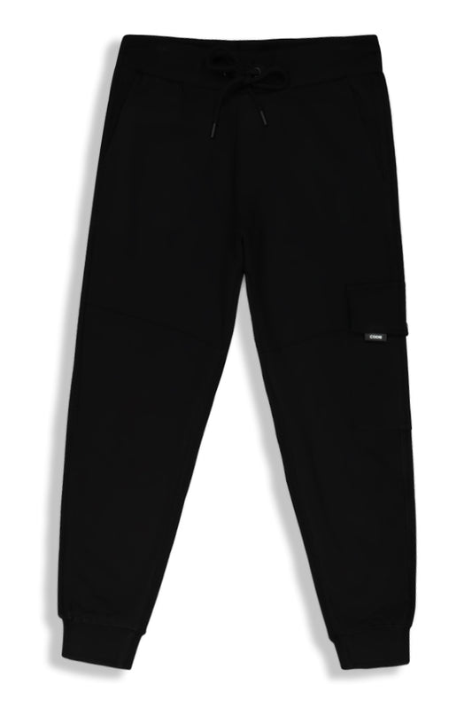 Front view: Classic black cargo joggers designed for comfort and functionality.