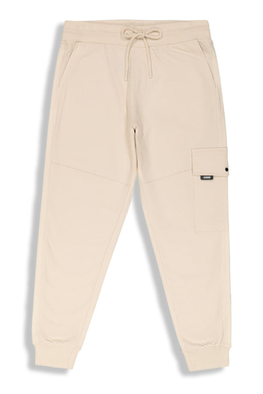 Front view: Sleek pumice stone cargo joggers with a relaxed yet structured fit.