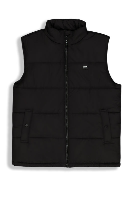 Front view: A black puffer gilet with a quilted design, offering warmth without bulk.