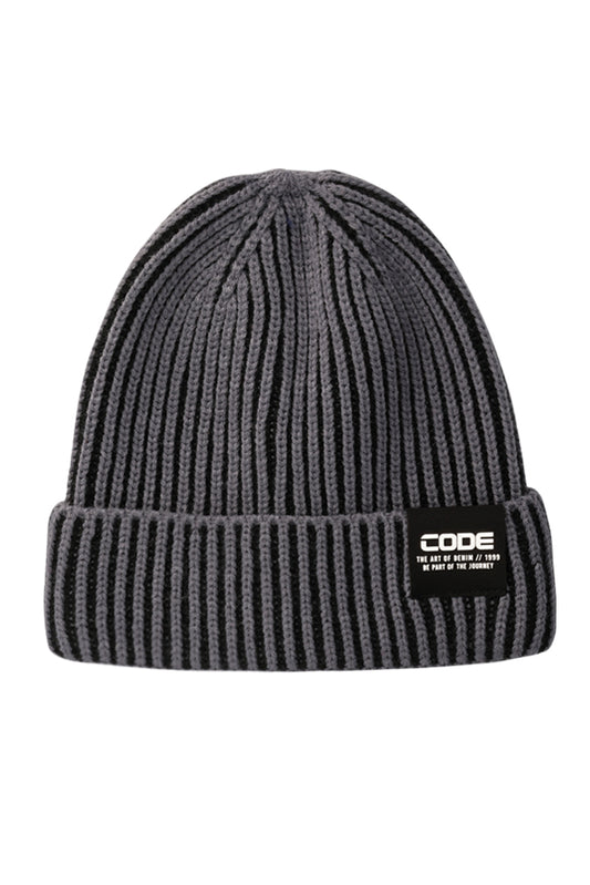 Front view: A cozy dark grey fold-over beanie, perfect for chilly days with a snug yet breathable fit.