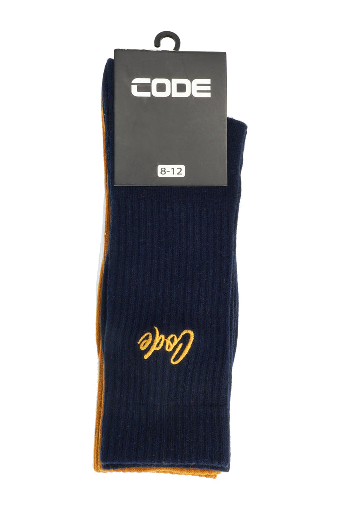3-pack tube socks in imperial blue and yellow, featuring CODE branding and stylish ribbed design.