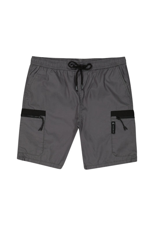 Front View: Sleek dark grey cargo shorts for a versatile and modern look.