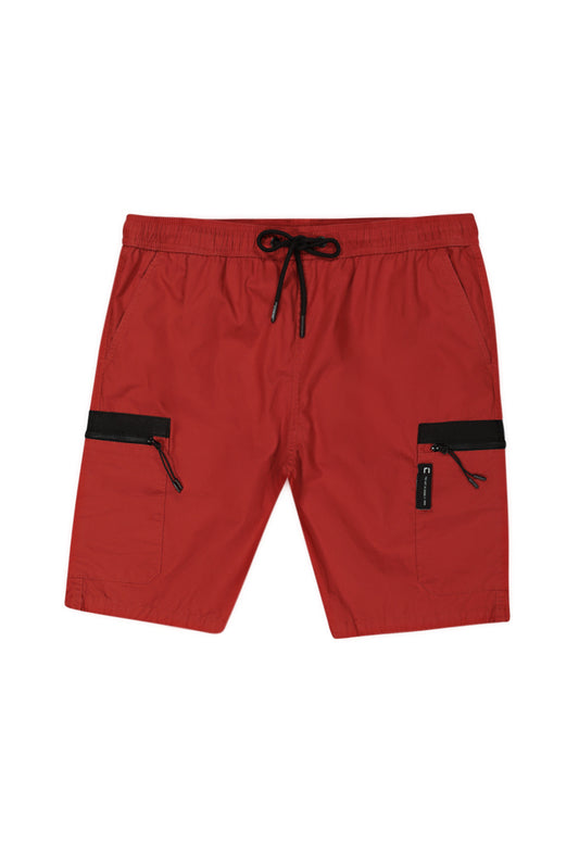 Front View: Bold red ochre cargo shorts for a standout casual look.