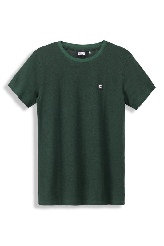 Front view: Refreshing rain forest green crew neck t-shirt for a natural vibe.