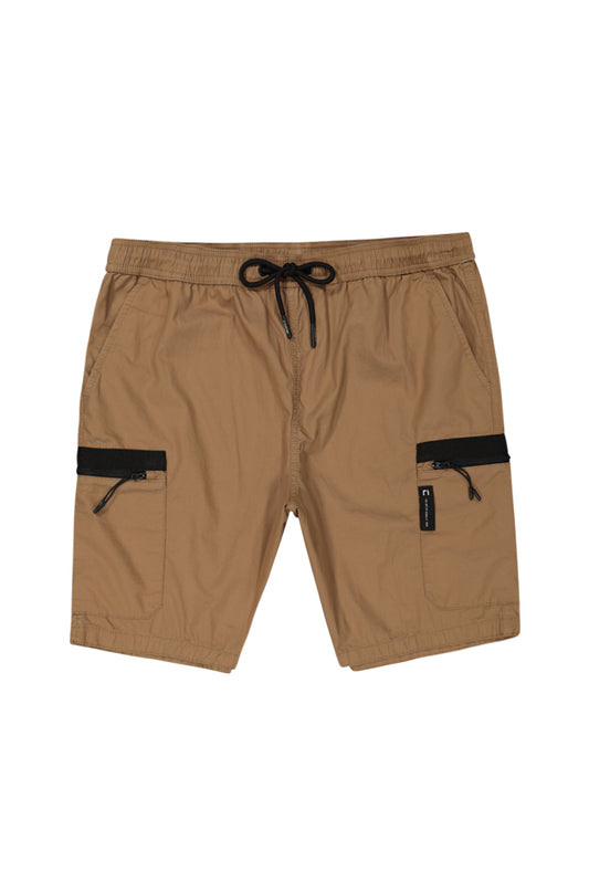 Front View: Earthy coffee-toned cargo shorts with a rugged design.