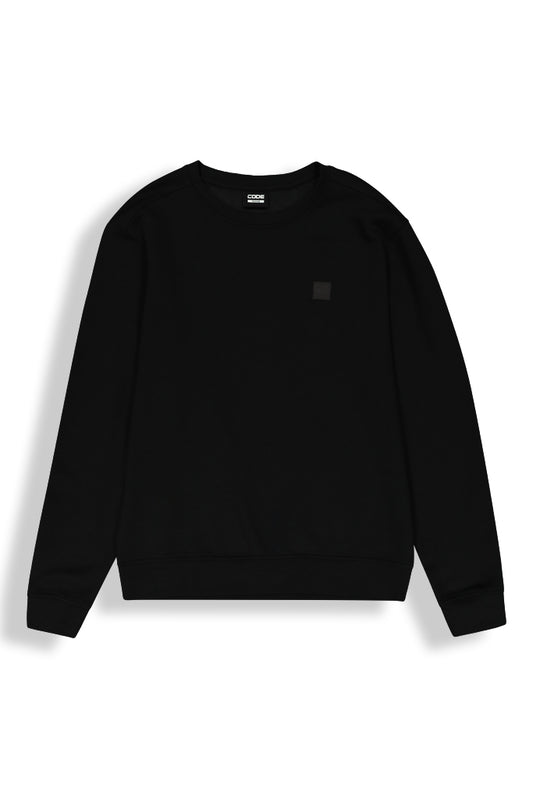 Front view: A sleek black crew sweat top, ideal for layering or wearing on its own.