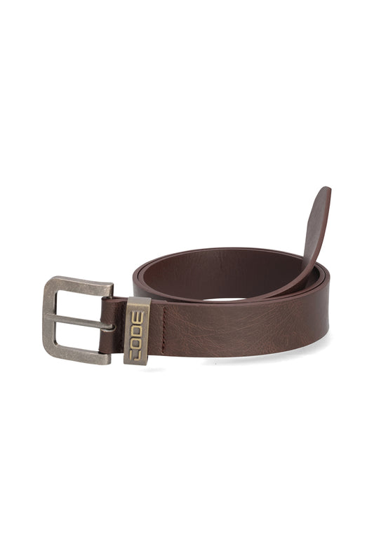 Front view: Rich choc brown PU belt with a sleek, minimalist design.